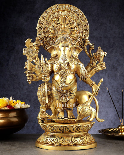 Large Brass Kana Drishti Ganesha Standing with Lion Statue | (18 inch/ 12kg)