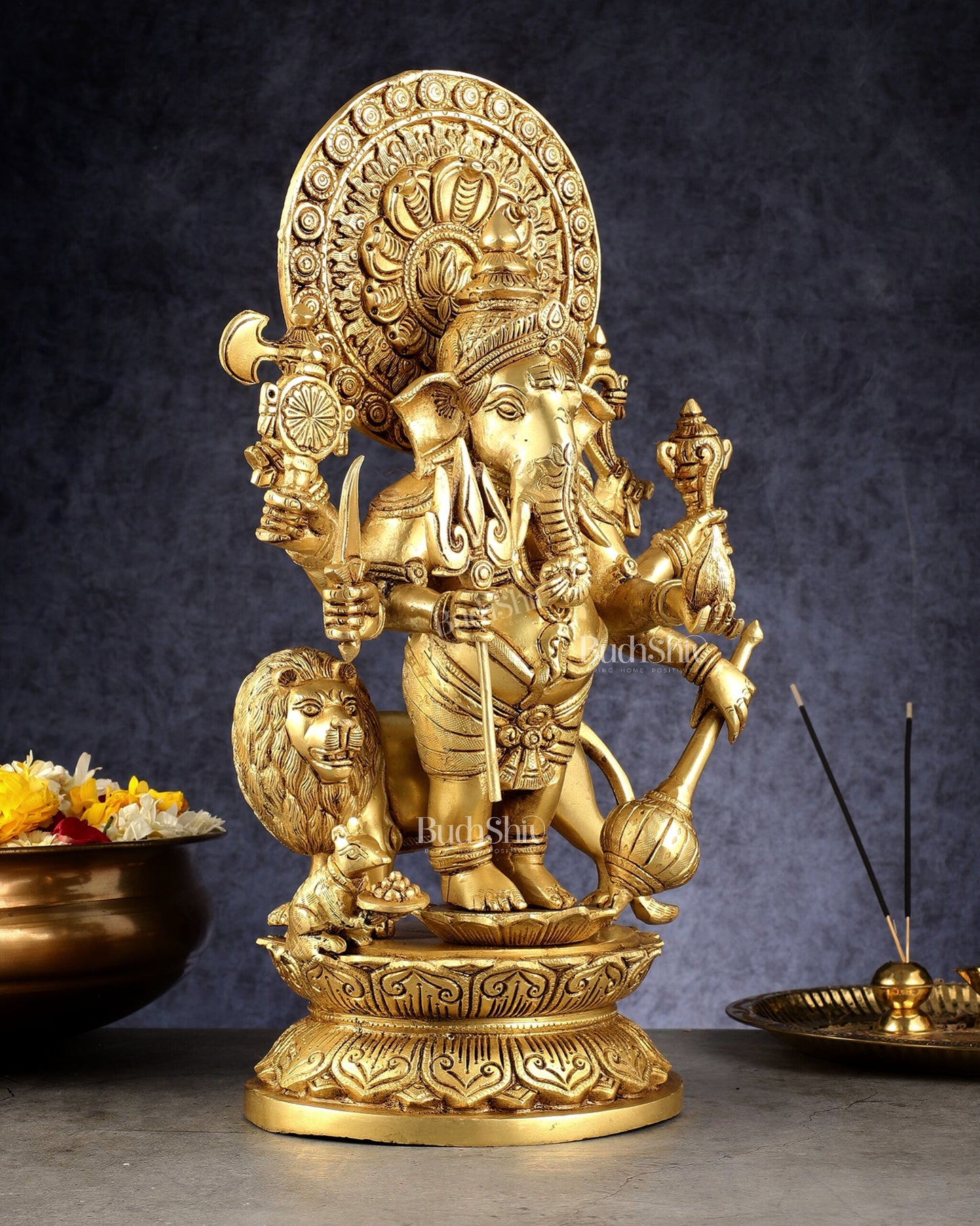 Large Brass Kana Drishti Ganesha Standing with Lion Statue | (18 inch/ 12kg)