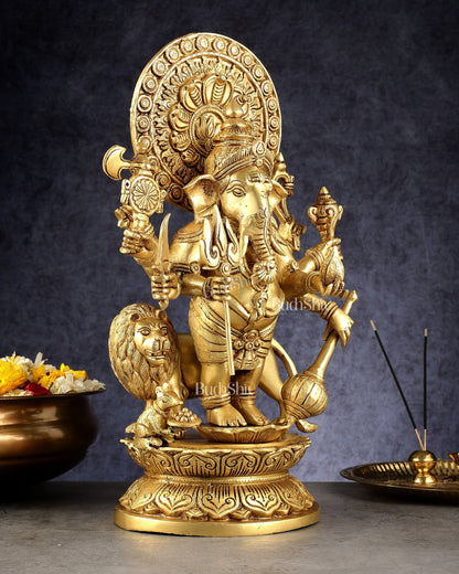 Large Brass Kana Drishti Ganesha Standing with Lion Statue | (18 inch/ 12kg)