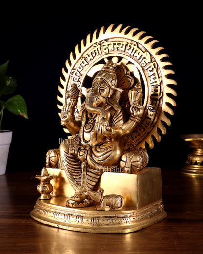 Brass Raja Ganesha Seated on Throne with Om Gayatri Mantra Prabhavali 10 inch