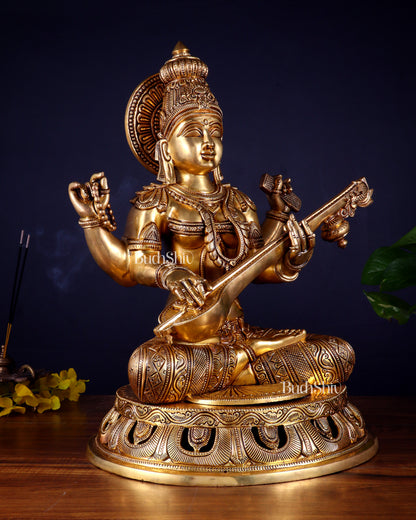 Pure Brass Superfine Saraswati Statue – Large Size 17.5"