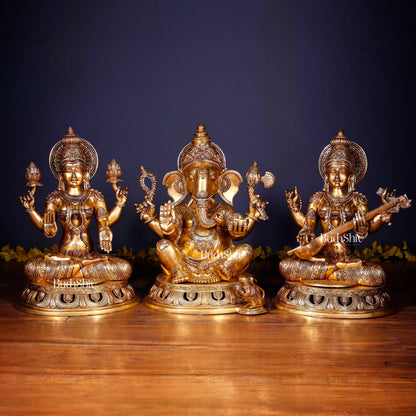 Brass Superfine Ganesh Lakshmi Saraswati Large Idol Set – Intricate Carvings 18" | 55 kg