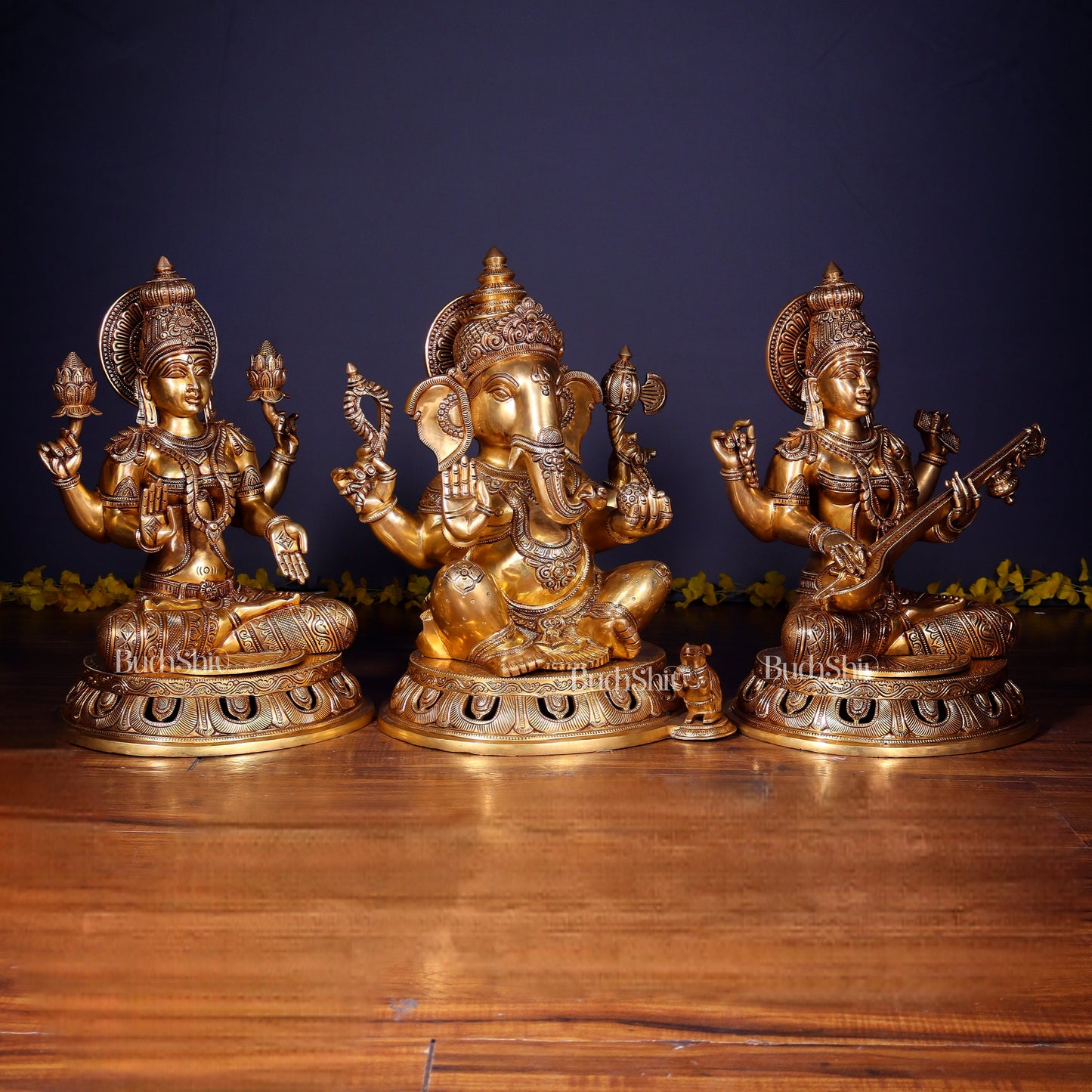 Brass Superfine Ganesh Lakshmi Saraswati Large Idol Set – Intricate Carvings 18" | 55 kg