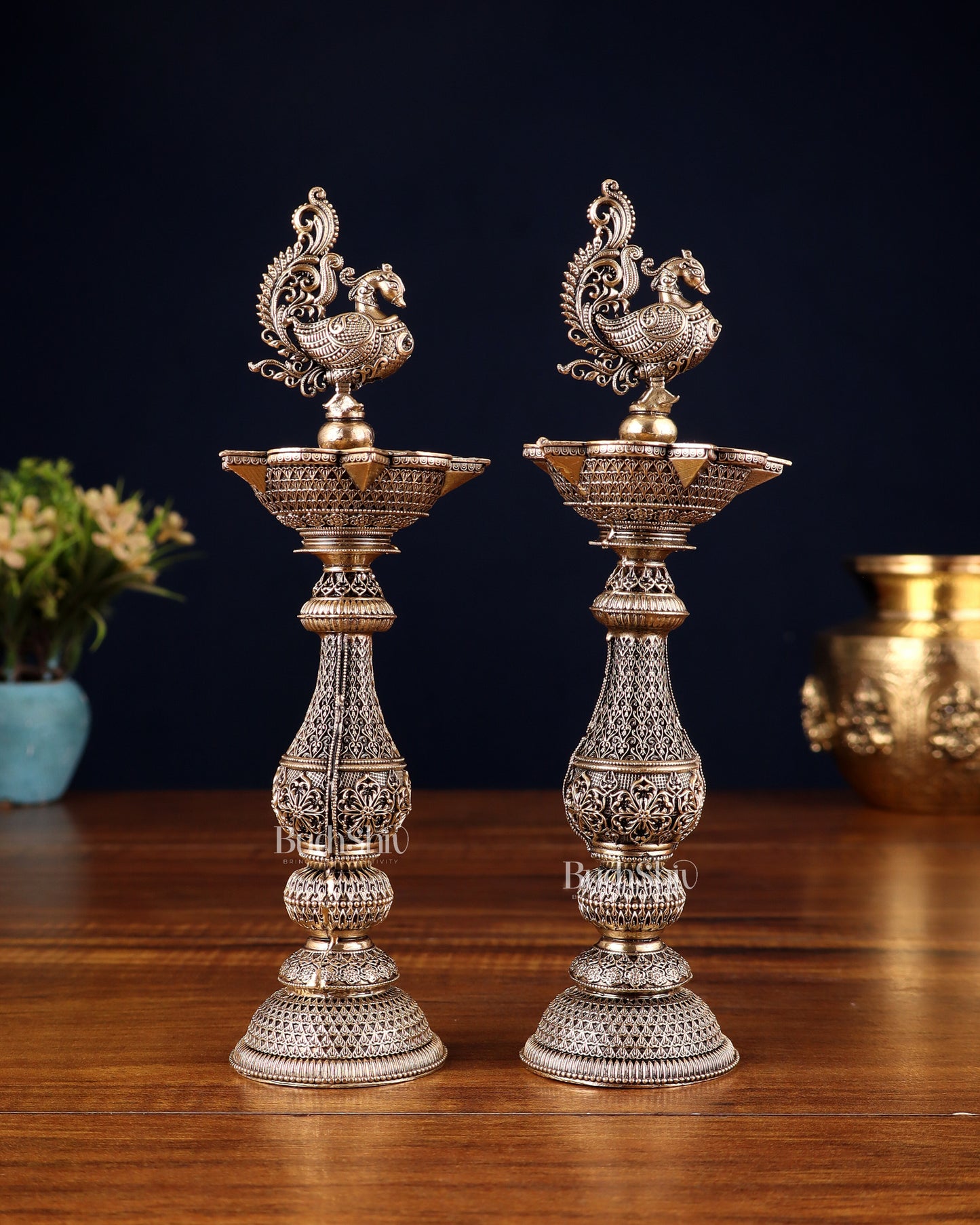 Pure Brass Superfine Annam Design Peacock samai diya – Intricate Design 8 inch pair