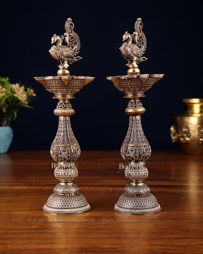 Pure Brass Superfine Annam Design Peacock samai diya – Intricate Design 8 inch pair