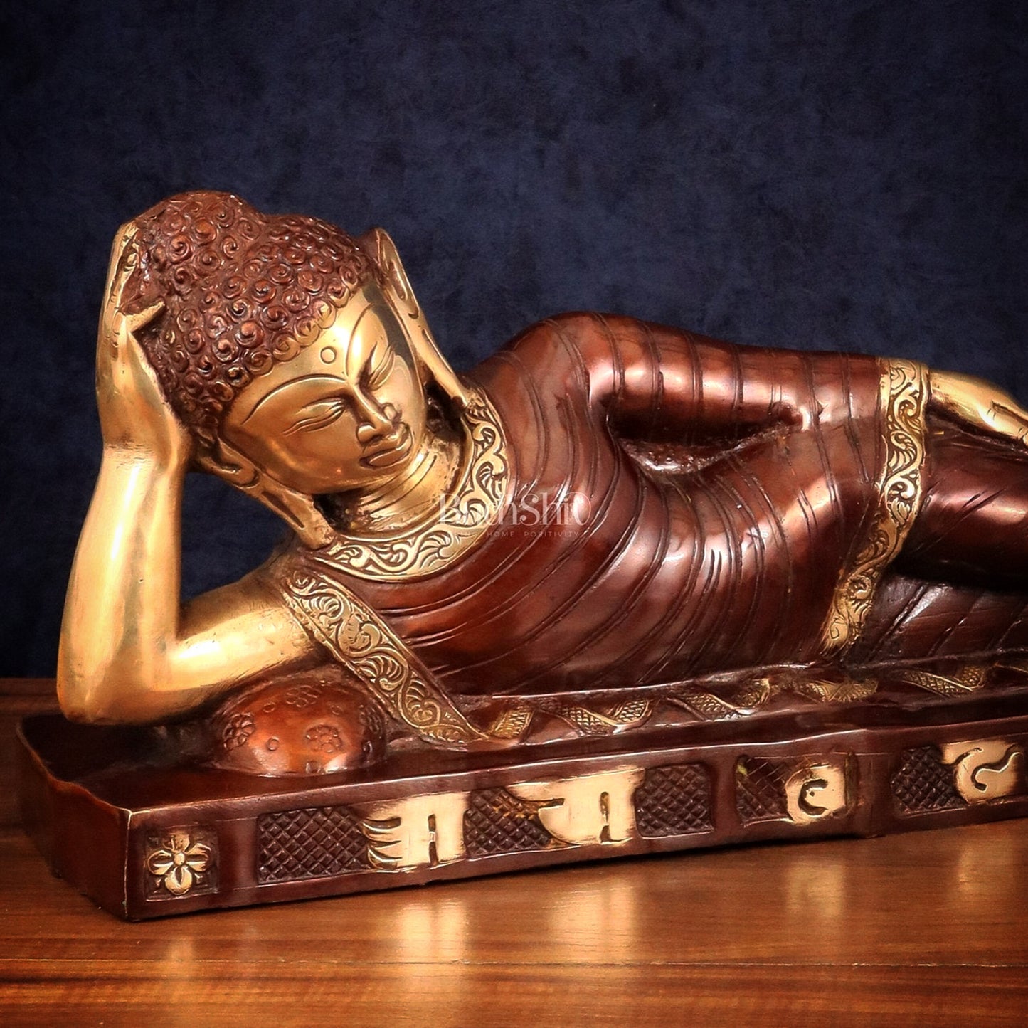 Brass Reclining sleeping Buddha Sculpture in Unique Dual Tone 20 inch