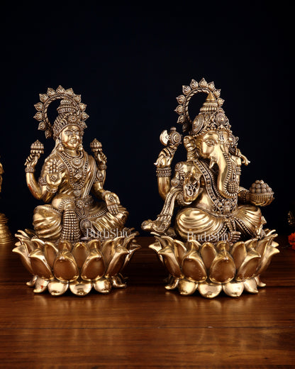 Pure Brass Ganesha & Lakshmi on Lotus – Padmasan Mudra Idol Pair 6 inch