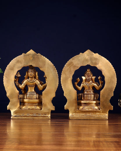 Brass Superfine valumburi Ganesh Lakshmi in padmasana with Prabhavali Idol Set 9"