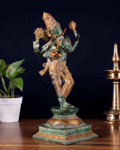 Vintage Brass Vishnu as Lord Krishna Statue - Green Sand Finish 14.5"