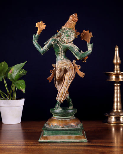 Vintage Brass Vishnu as Lord Krishna Statue - Green Sand Finish 14.5"