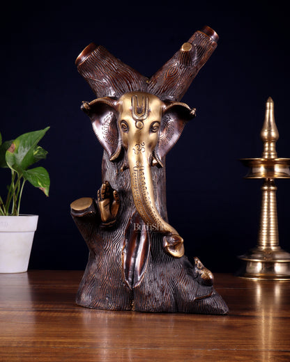Unique Brass Ganesha Statue Carved in Tree – 12" Height