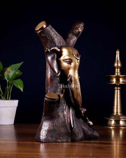 Unique Brass Ganesha Statue Carved in Tree – 12" Height
