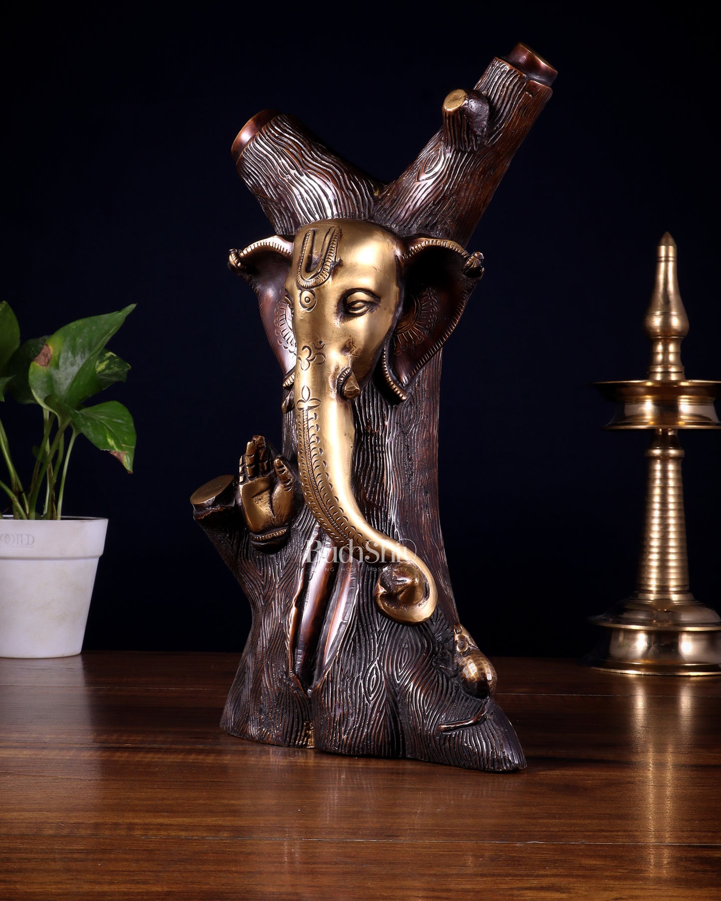 Unique Brass Ganesha Statue Carved in Tree – 12" Height