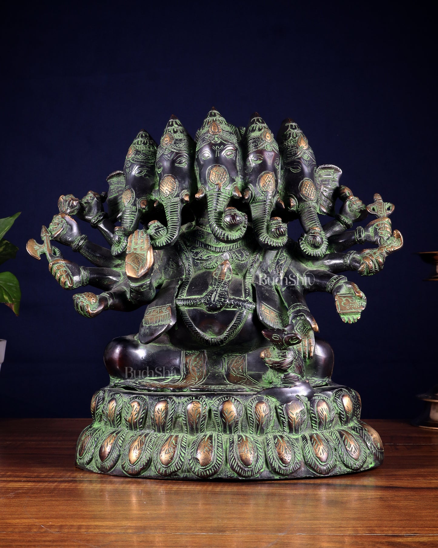 Pure Brass Large Panchmukhi Ganesha Statue - Black Green tone , 13"