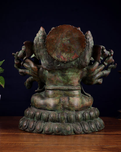 Pure Brass Large Panchmukhi Ganesha Statue - Vintage Green Patina, 13"