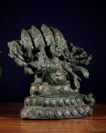 Pure Brass Large Panchmukhi Ganesha Statue - Vintage Green Patina, 13"