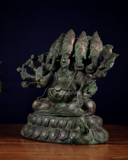Pure Brass Large Panchmukhi Ganesha Statue - Vintage Green Patina, 13"