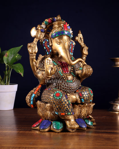 Brass Ganesha Statue on Lotus - Handcrafted - 12"