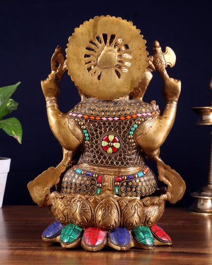 Brass Ganesha Statue on Lotus - Handcrafted - 12"
