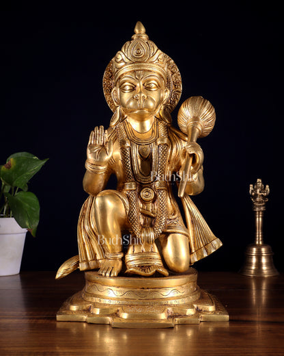 Pure Brass Blessing Hanuman Idol – Kneeling Pose with Right Leg Up 14 inch