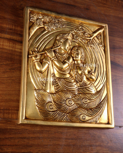 Pure Brass Radha Krishna with Kalpavriksha & Peacock Motifs – 3D Wall Hanging 11 inch