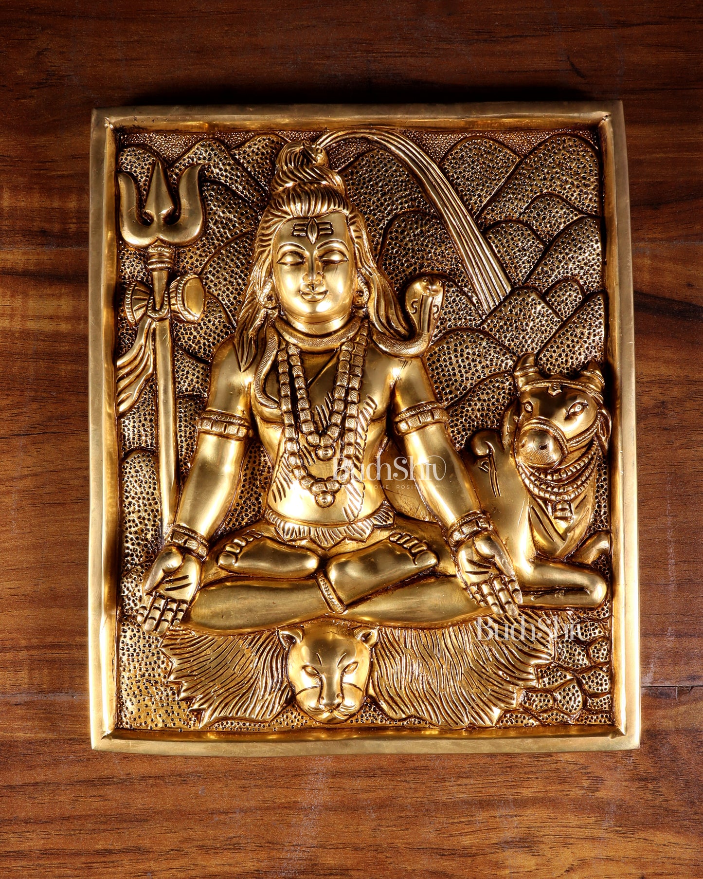 Pure Brass Lord Shiva in Meditation with Nandi – 3D Wall Hanging 11 inch