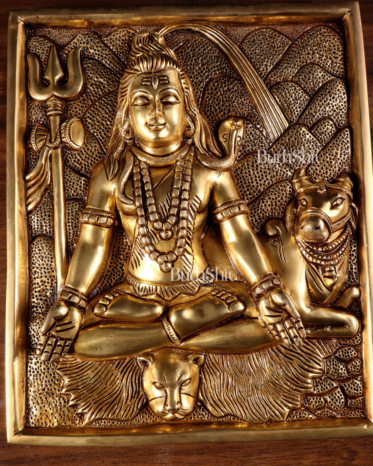 Pure Brass Lord Shiva in Meditation with Nandi – 3D Wall Hanging 11 inch