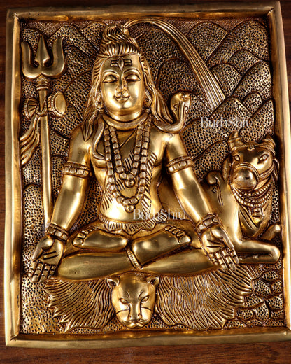 Pure Brass Lord Shiva in Meditation with Nandi – 3D Wall Hanging 11 inch