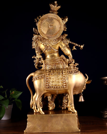 Pure Brass Krishna with cow large idol 26"