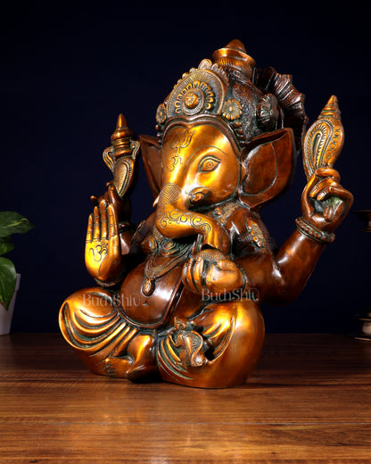 Pure Brass Large Crowned Ganesha Statue 15 inch