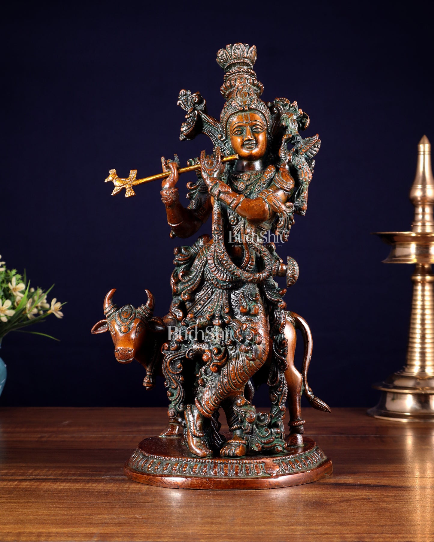 Pure Brass Lord Krishna with Cow Statue – Double Chola Tone 13 inch