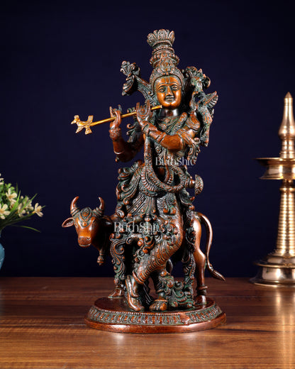 Pure Brass Lord Krishna with Cow Statue – Double Chola Tone 13 inch