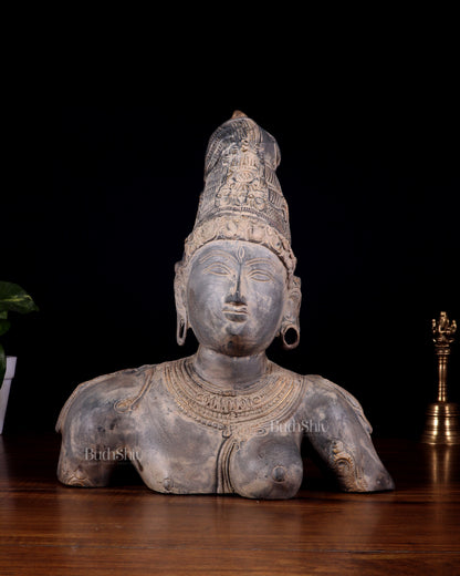Pure Brass Shiva Parvati Ardhanarishwar Bust Sculpture – Vintage Stone Finish 12.25 inch