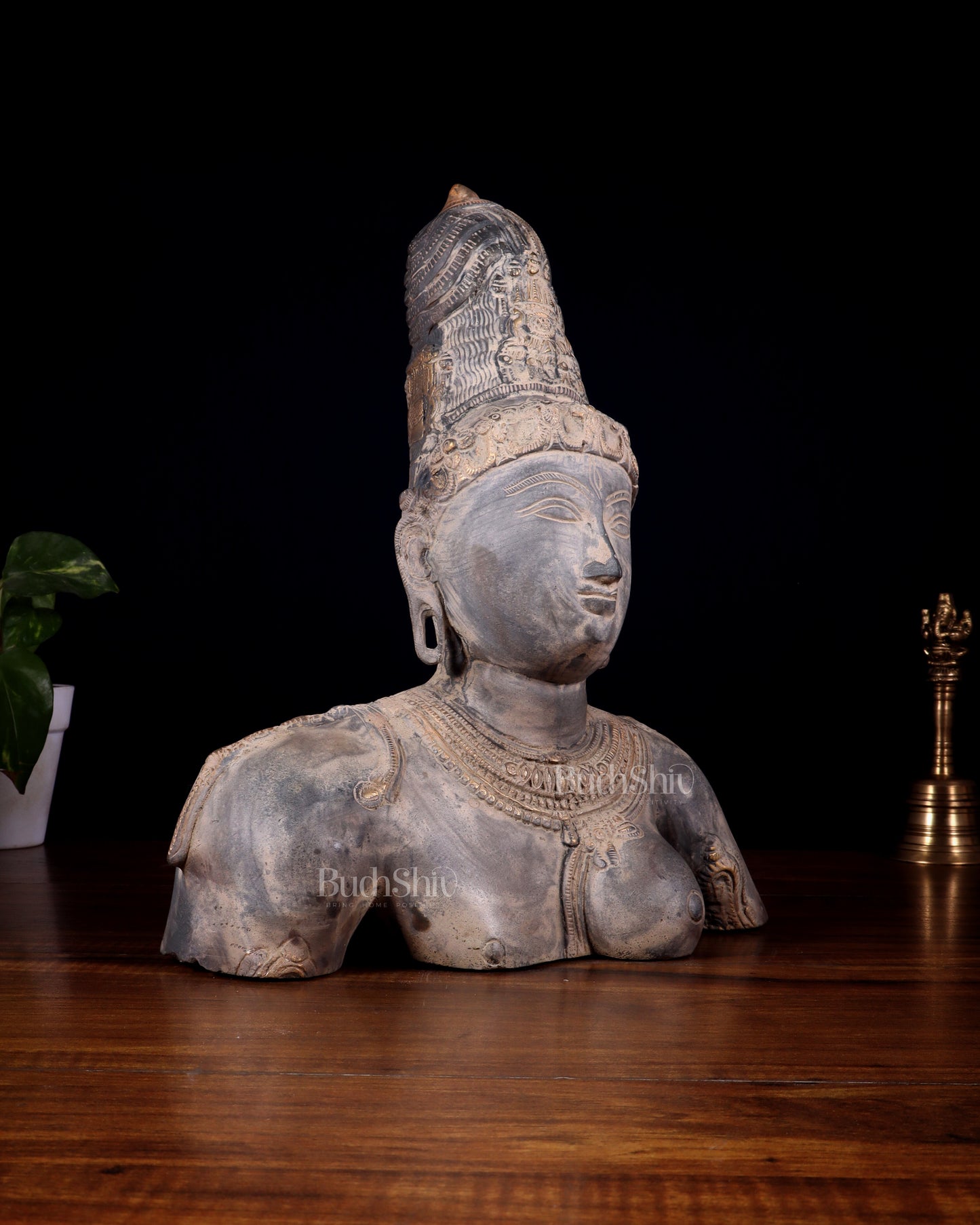 Pure Brass Shiva Parvati Ardhanarishwar Bust Sculpture – Vintage Stone Finish 12.25 inch