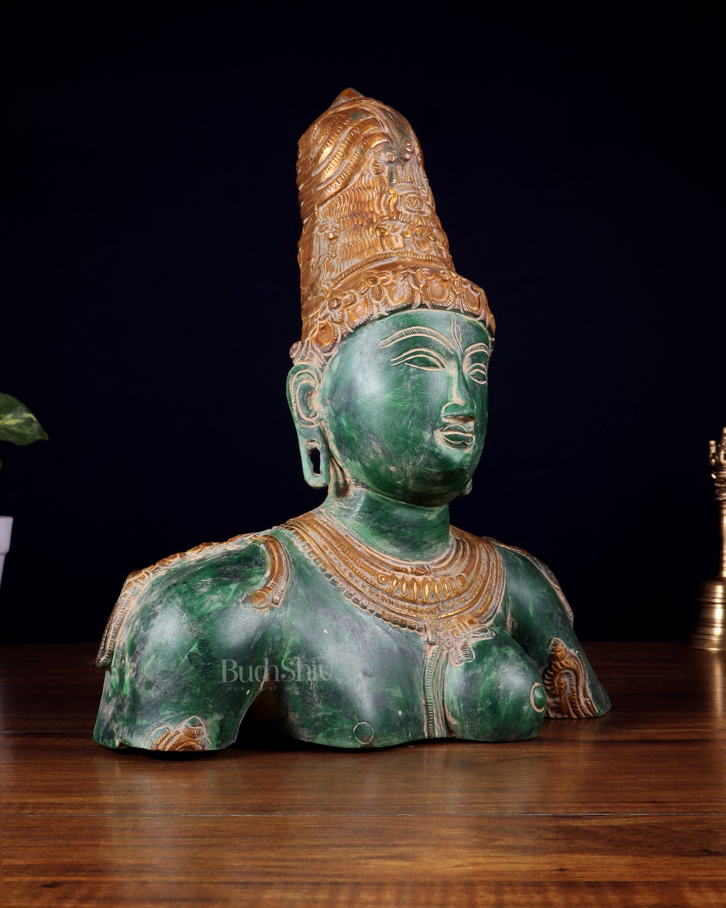 Pure Brass Shiva Parvati Ardhanarishwar Bust Sculpture – Vintage green patina 12.25 inch