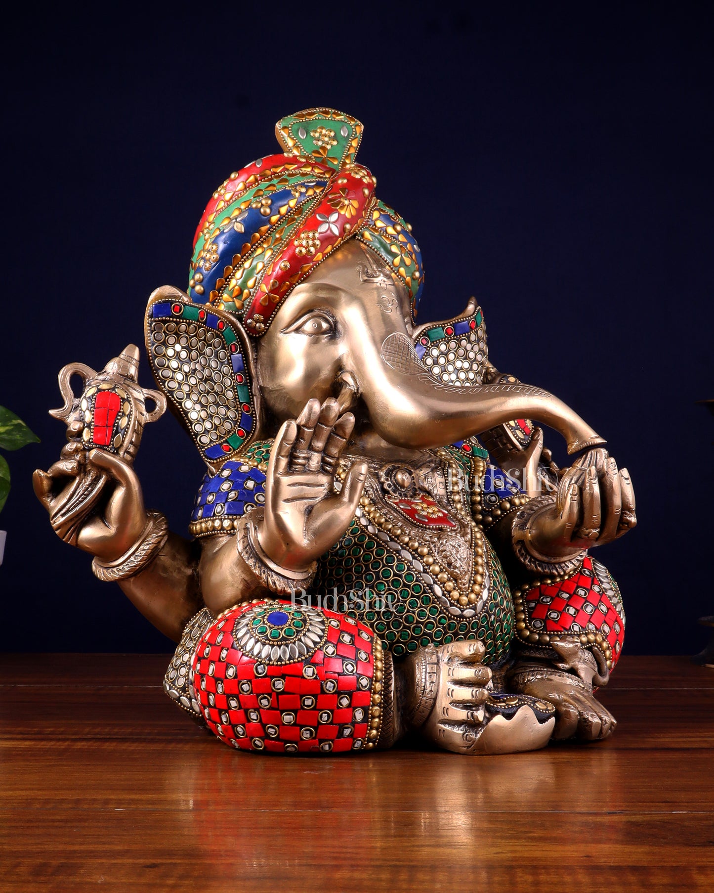 Brass Ganesha statue wearing a turban idol 14" meenakari Stonework