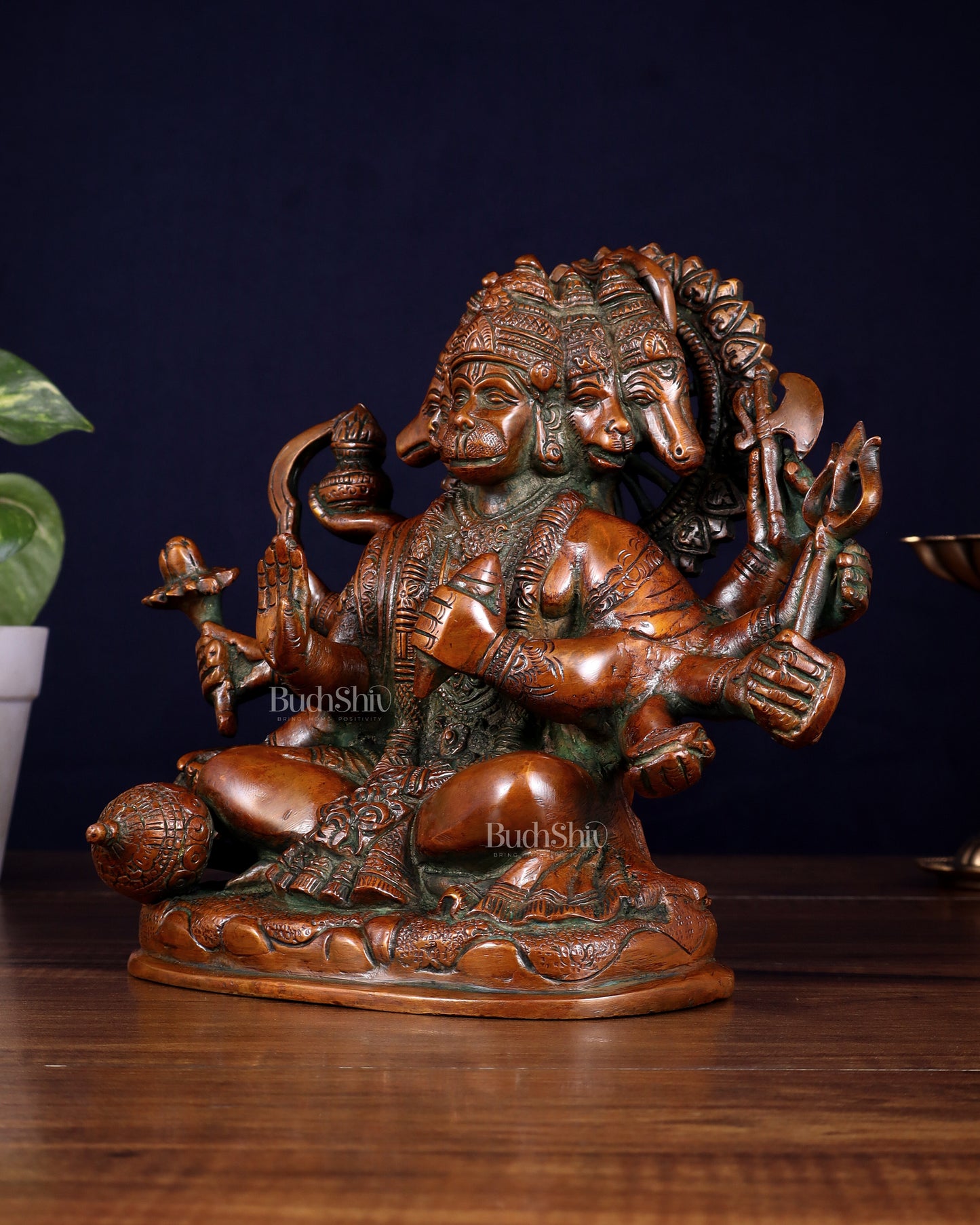 Pure Brass Superfine Panchmukhi Hanuman Statue - 8" Vintage Red