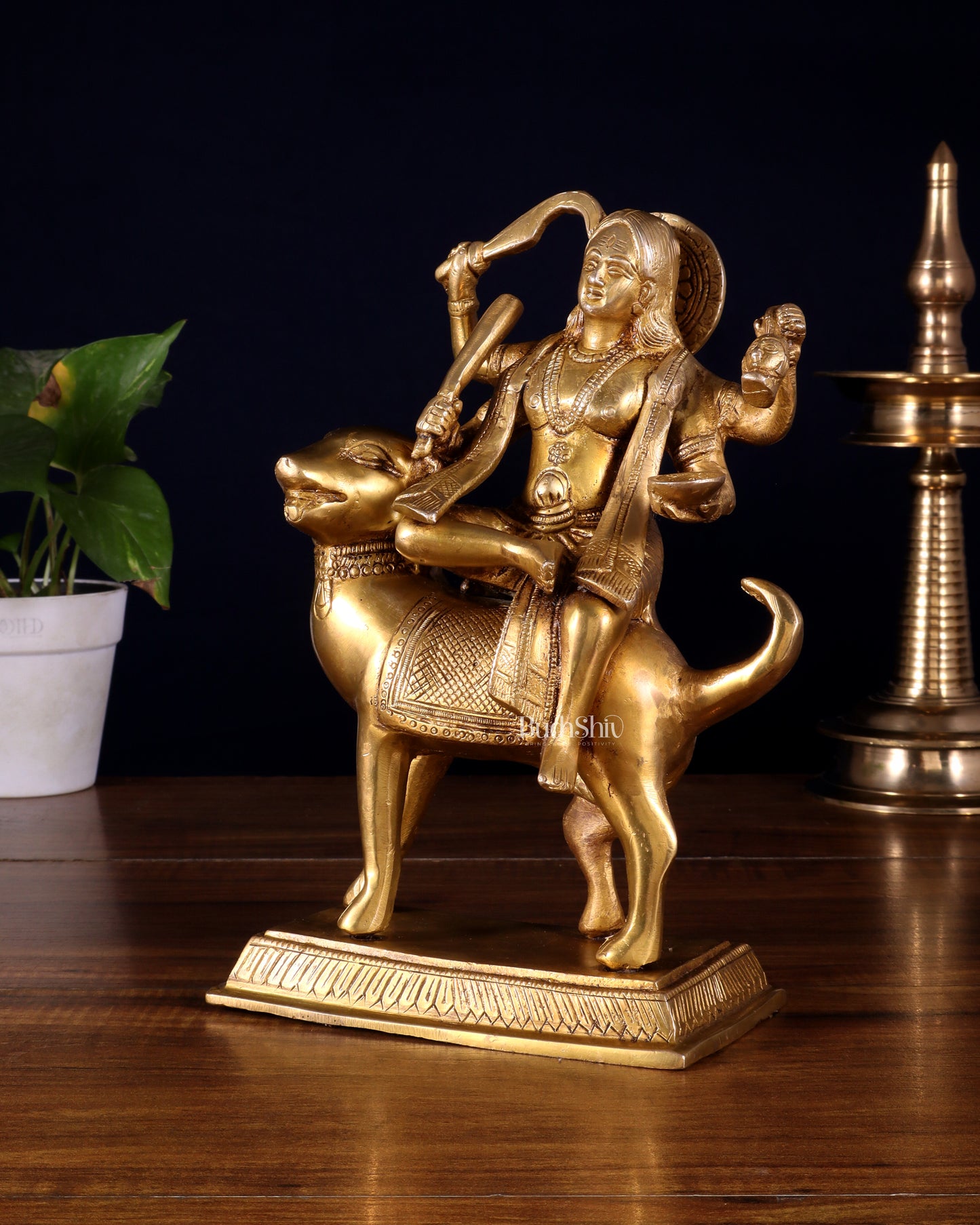 Pure Brass Lord Kaal Bhairava Sitting on Dog Vahana - 9.75"
