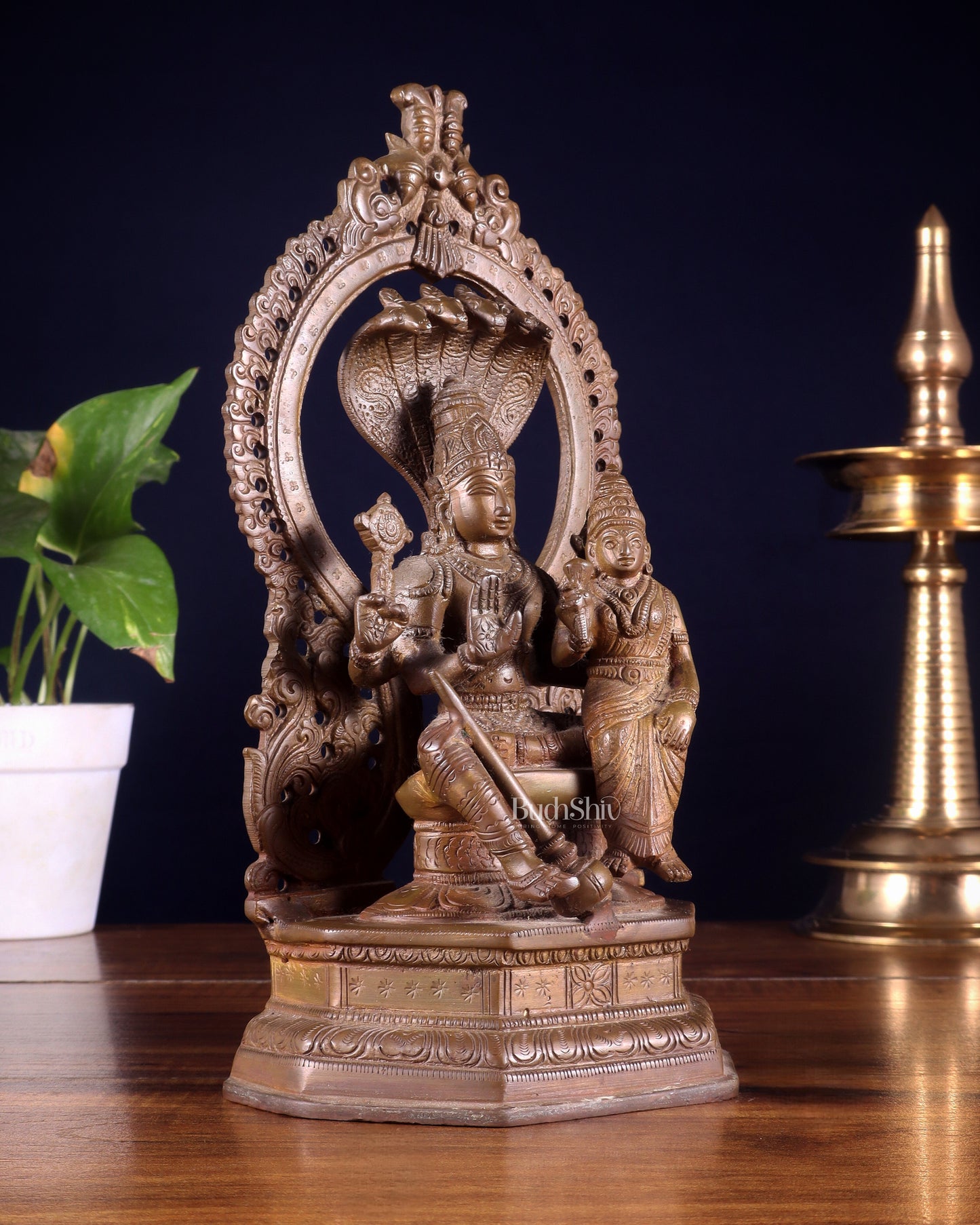 Pure Brass Vishnu Lakshmi Idol Seated on Sheshanaaga - 10" copper tone