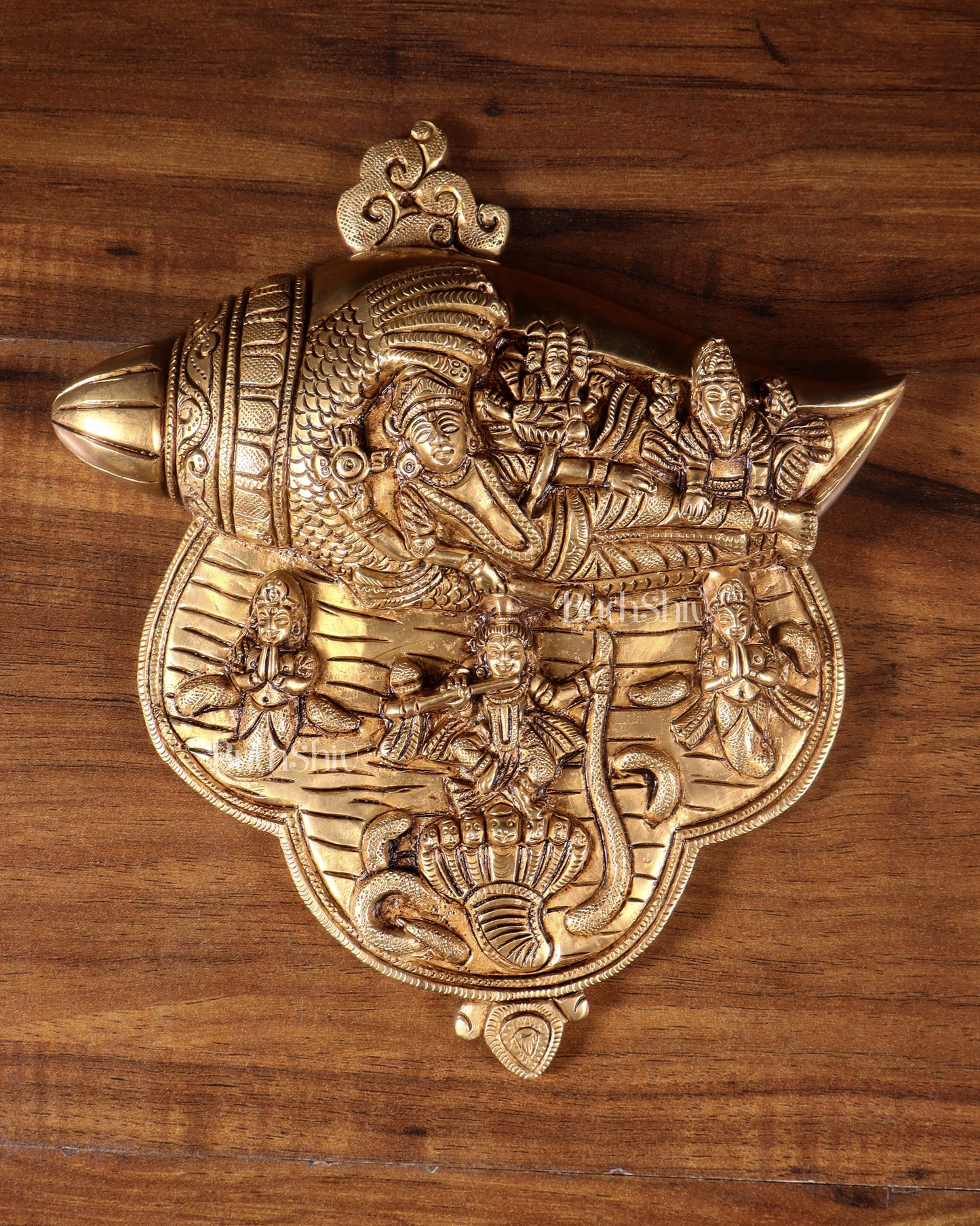 Pure Brass Lakshmi Narayana with Kalinga Krishna Carved on Shankh | Wall Hanging