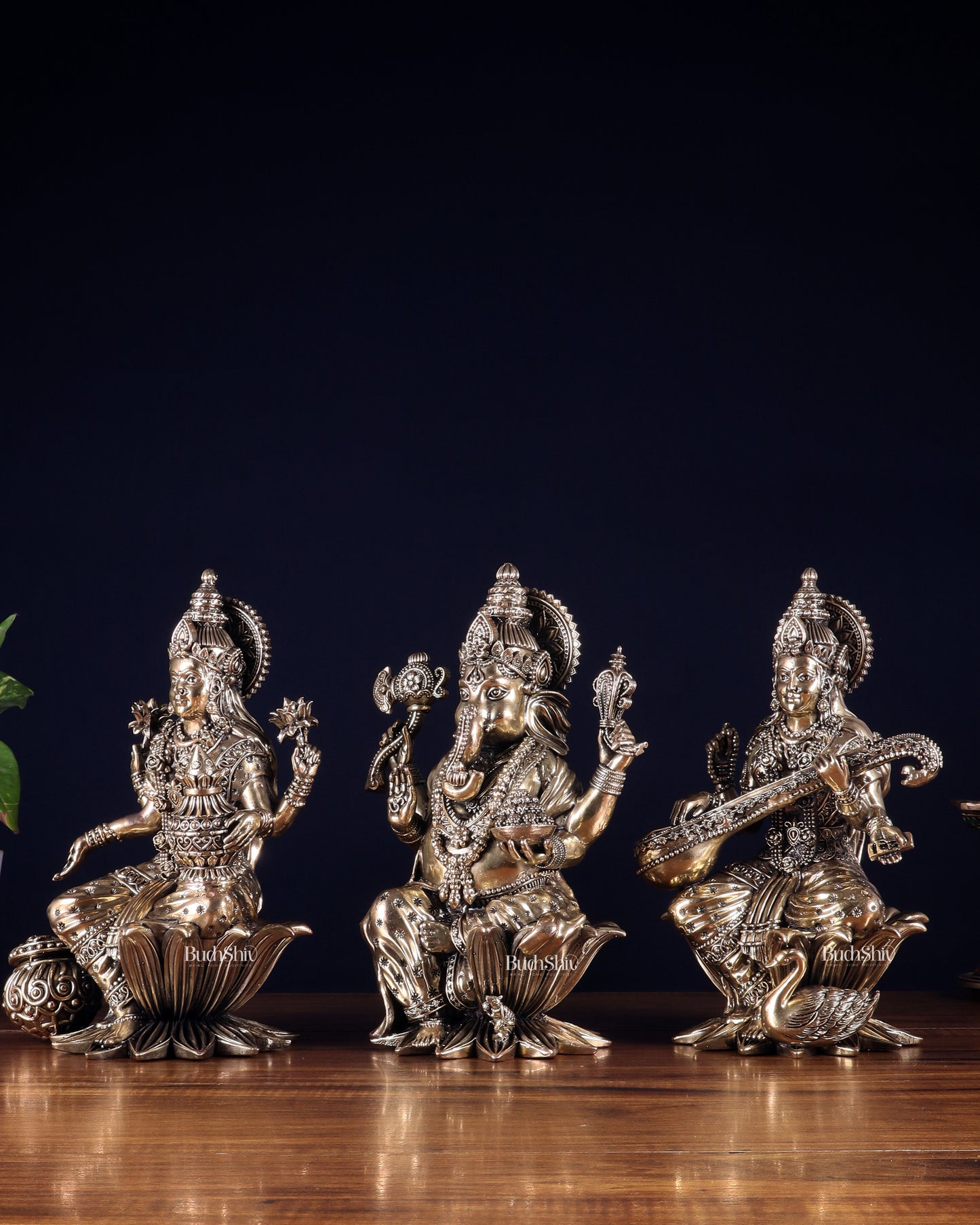 Superfine Brass Ganesh Lakshmi Saraswati Idol Set – 10 Inch