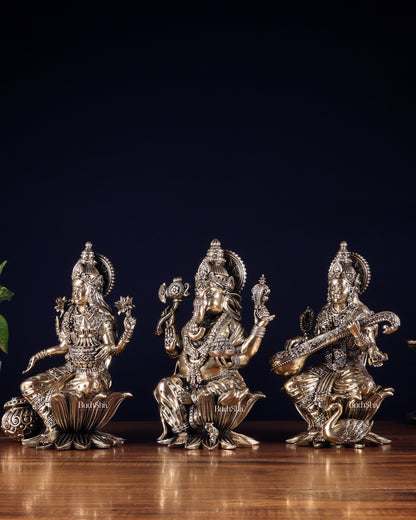 Superfine Brass Ganesh Lakshmi Saraswati Idol Set – 10 Inch