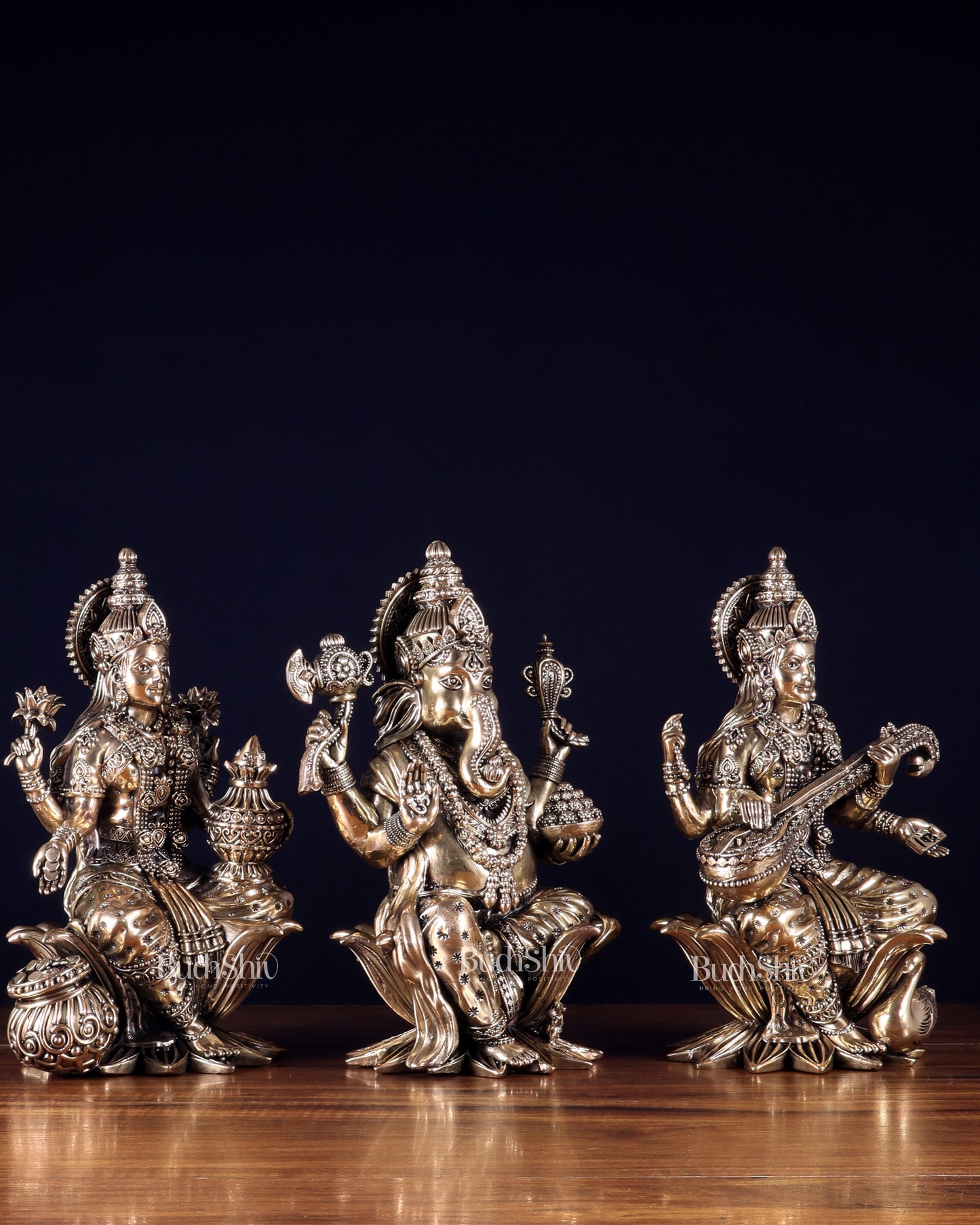Superfine Brass Ganesh Lakshmi Saraswati Idol Set – 10 Inch