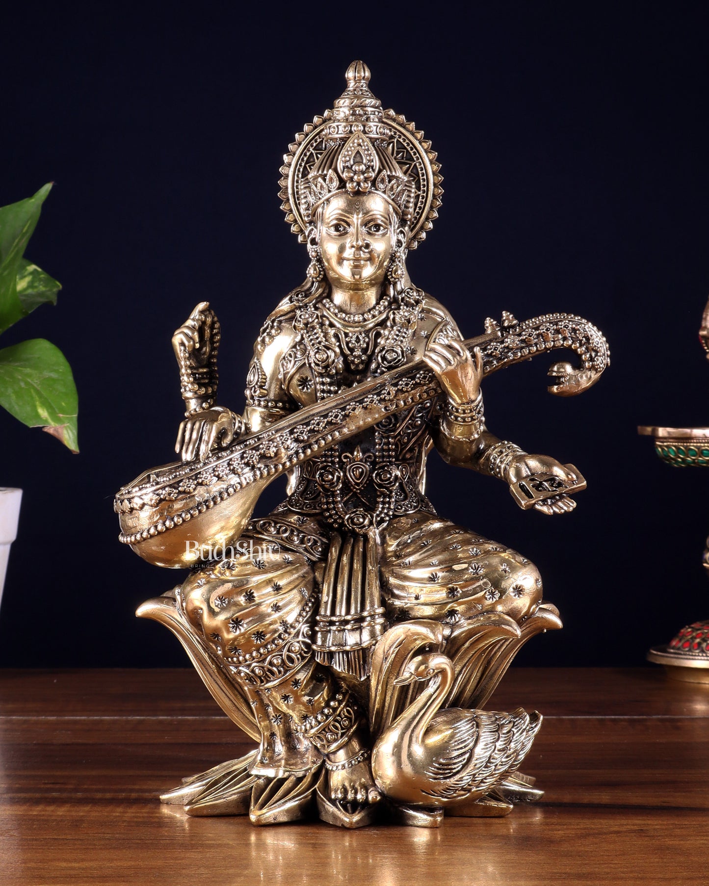 Pure Brass Goddess Saraswati Idol – 10 Inch | Intricately Handcrafted