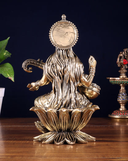 Pure Brass Goddess Saraswati Idol – 10 Inch | Intricately Handcrafted