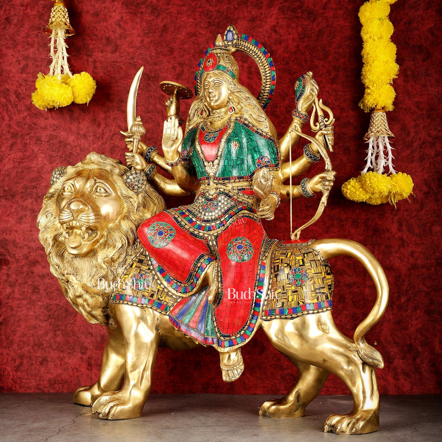 Pure Brass Large Goddess Durga Sherawali Mata Murti - 27 inch