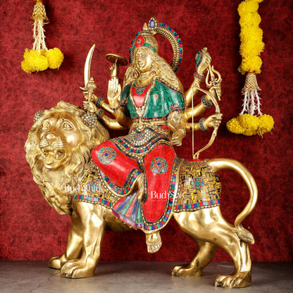 Pure Brass Large Goddess Durga Sherawali Mata Murti - 27 inch