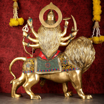 Pure Brass Large Goddess Durga Sherawali Mata Murti - 27 inch