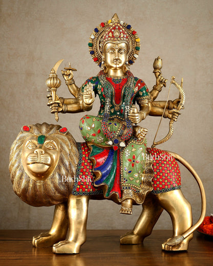 Brass large Durga ma ambe Statue – 24 Inches, Meenakari Stonework