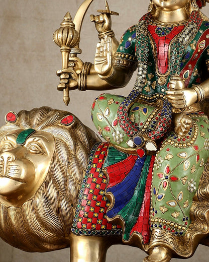 Brass large Durga ma ambe Statue – 24 Inches, Meenakari Stonework